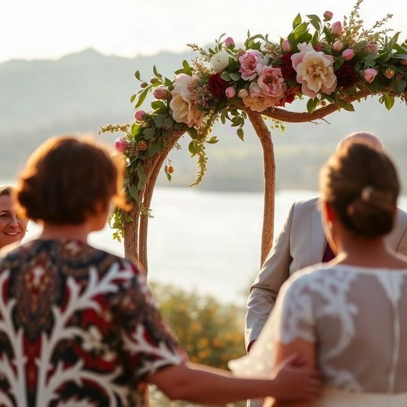 Lakeside wedding at Lake Nakuru Lodge with a bespoke floral arch of proteas and acacia blossom