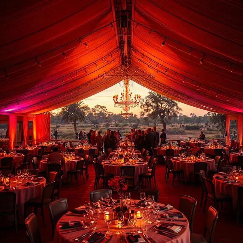 Premium gala dinner at an open-air Nakuru venue with warm rose and gold lighting