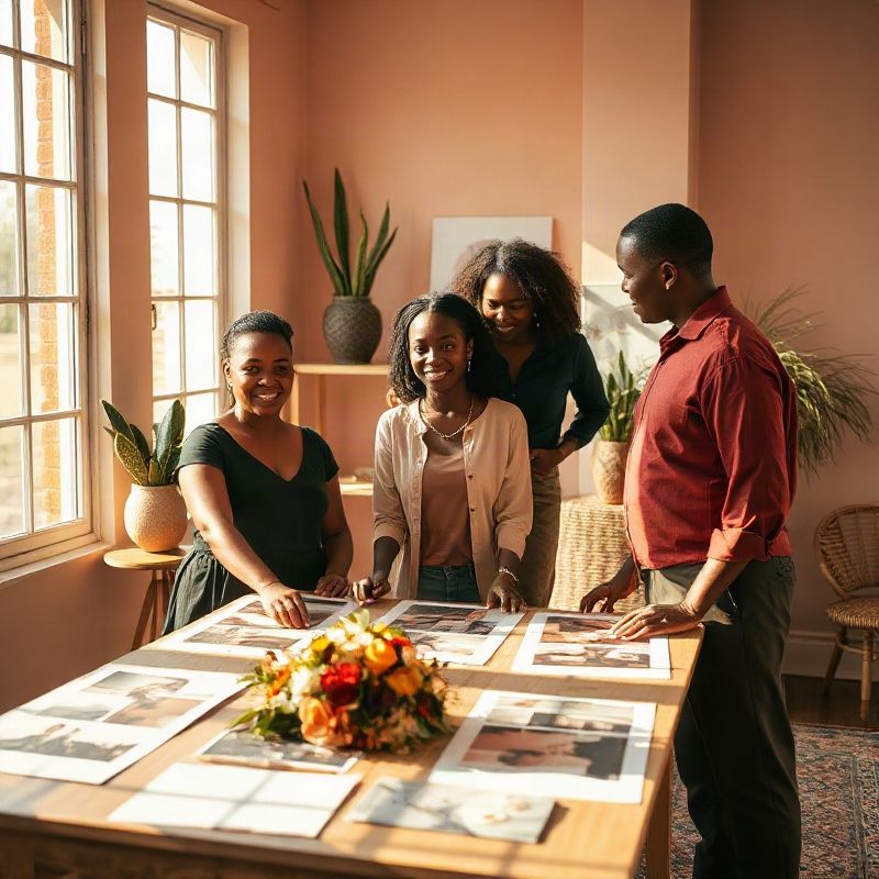 Small professional event planning team in a warm rose-toned Nakuru studio with mood boards and florals
