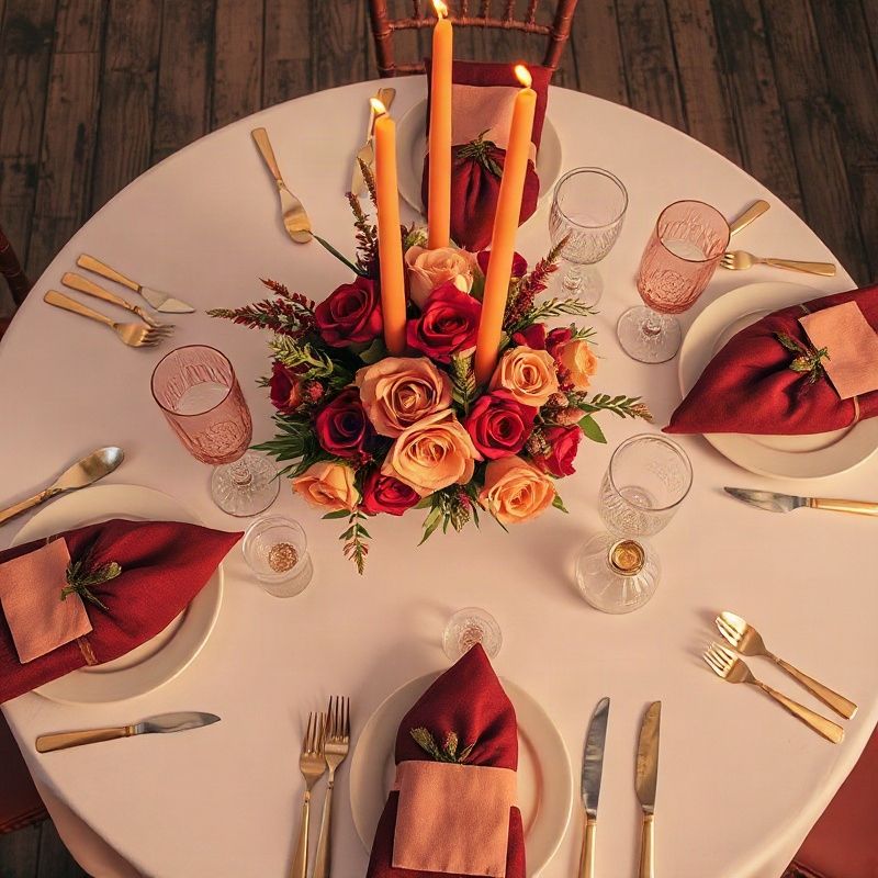 Editorial overhead shot of a rose-warm event table setting with gold cutlery and amber candlelight